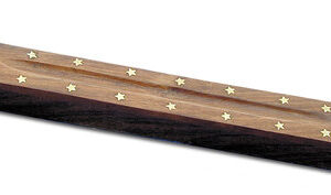 Räucherstäbchenhalter aus Holz mit Vorratsbox, Messing verziert mit Sternen und Ying Yang