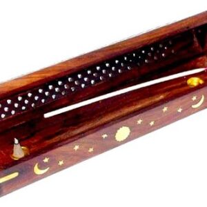 Räucherbox aus Holz für Stäbchen und Kegel mit Vorratsfach und Verzierungen