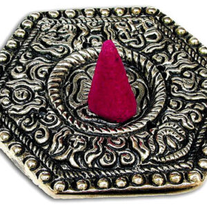 Metall Räucherteller für Stäbchen und Kegel in Nepaldesign, Hexagonaler